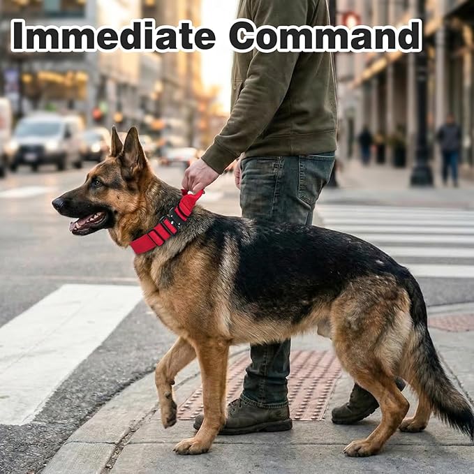 Joytale Tactical Dog Collar for Large Dogs with Control Handle, Heavy Duty Military Training Collar for Power Breeds, AirTag Holder Case, Quick Release Metal Buckle, Soft Padded, L, Red