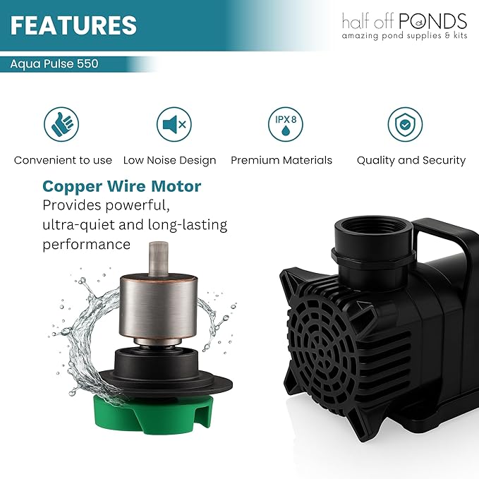 HALF OFF PONDS Submersible Water Pump, 550 GPH Pond Pump with 33FT Power Cord and 11FT Max Head, 54W Ultra Quiet Energy Efficient Pump for Koi Pond, Fountain, Waterfall, Water Garden, Skimmer