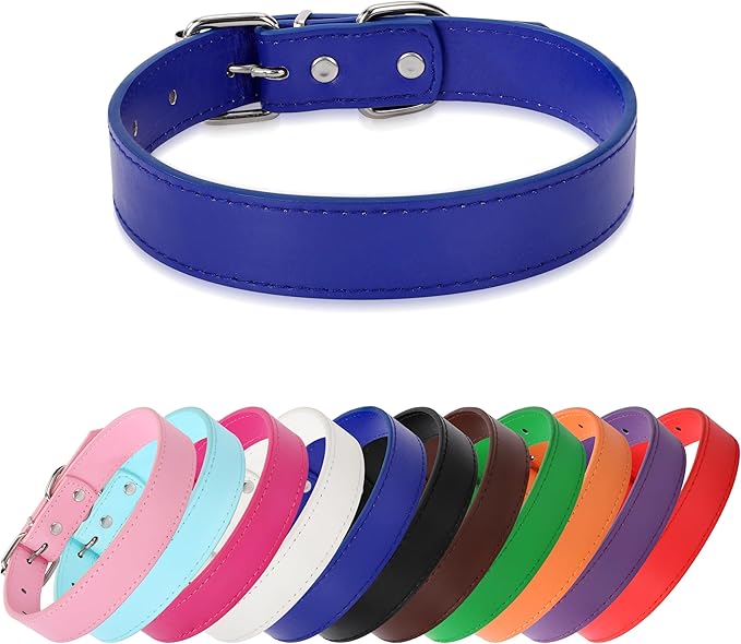 Deep Blue Soft Leather Dog Collar for Small,Medium, Large Dog, Comfortable and Adjustable (Wide: 0.95'' for Dog's Neck: 13''~18'', Deep Blue, L)