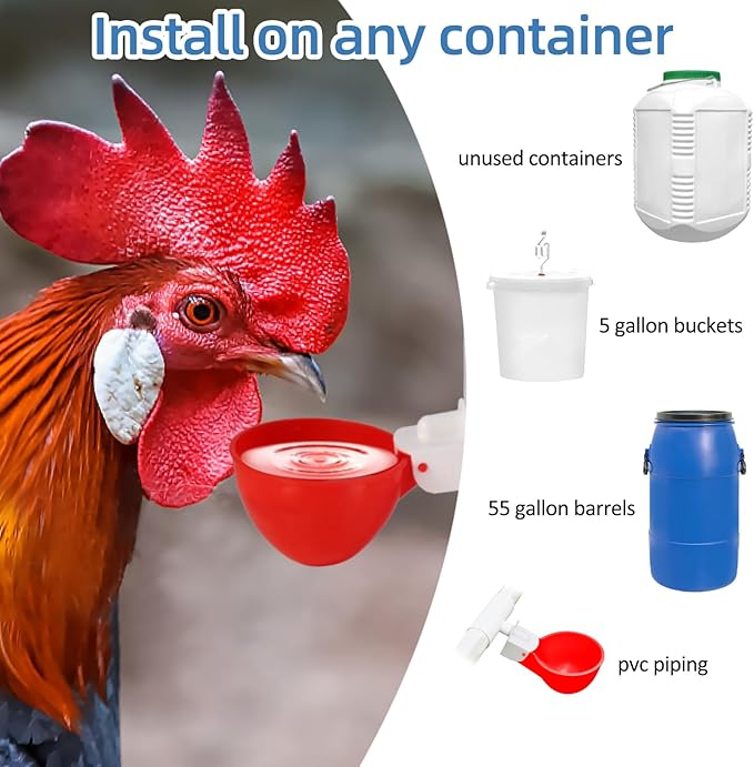 Automatic Chicken Waterer Cups,10 Pack Large Chicken Water Feeder, Universal Tee Fittings Poultry Feeder Cups Suitable for Chicken, Duck, Goose, Turkey with Mounting Hole Opener