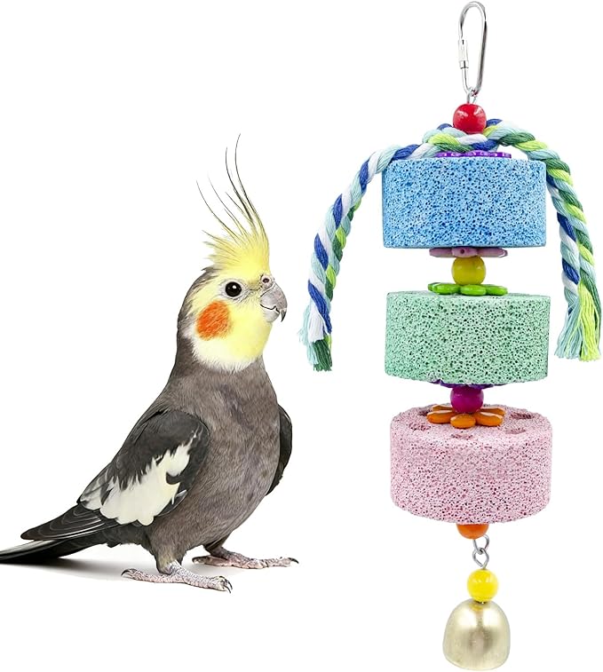 Mineral Block Chew Toys with Colorful Beads and Bell, Bird Beak Grinding Stone, Cage Accessories for African Grey, Budgies, Cockatiels, Small to Medium Birds