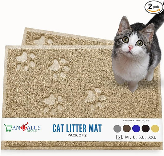 Andalus Small Cat Litter Mat, Pack of 2 - Waterproof, Non-Slip & Easy to Clean Cat Litter Box Mat for Extra Efficient Pet Litter-Trapping, Beige (15.75” X 11.75”)