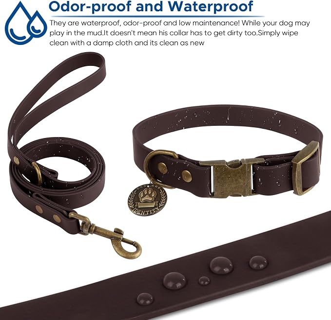 Wisedog Waterproof Dog Collar and Leash Set, Large, Brown | Adjustable Puppy Collar, Cute Tag, 5FT Leash, Includes Poop Bag, For Small Medium Large Dogs