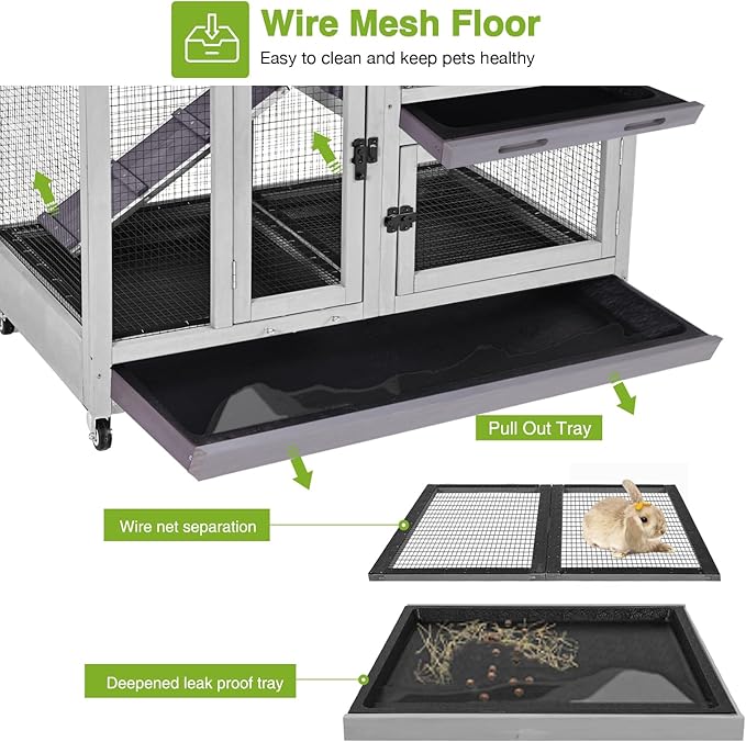 GUTINNEEN Rabbit Hutch Indoor Rabbit Cage with Wire Mesh Floor and Wheels Outdoor Bunny House 2 Story Guinea Pig Cage with Leakproof Asphalt Roof (Higher Version)