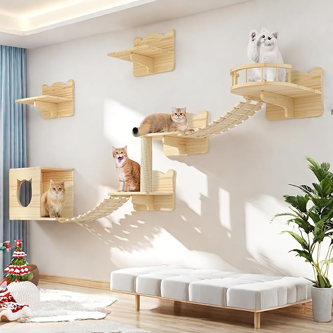 Cat Wall Shelves, Cat Shelves and Perches for Wall, Set of 9 Wooden Cats Shelf Furniture with Scratching Post, House, Condo, Bridge Ladder for Multiple Cats