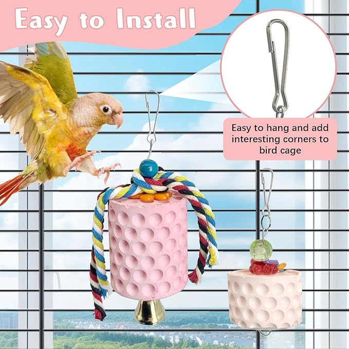 PINVNBY Bird Chewing Toys 2Pcs Bird Beak Grinding Stone Lava Calcium Block with Bell Hanging Parrot Chewing Toy Cage Accessories for Parakeets Conures Cockatiels Budgies Lovebirds