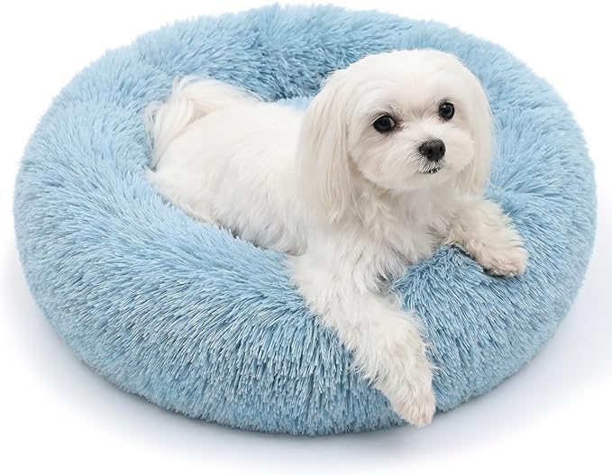 Calming Donut Dogs Beds for Small Dogs Washable,23inch Plush Round Pet Bed for Cozy Sleep,Fluffy Faux Fur Large Cat Bed,Fits up to 25 lbs Pets,Washed Blue