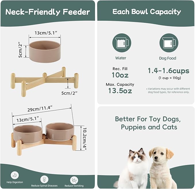 Havniva Ceramic 5.1inch Raised Double Bowls Set with Wooden Stand, Elevated Food & Water Bowls for Small Breed Dogs, Cats, Kitty, Weighted Dog Dishes, Pet Bowls(13.5oz, Brown Coffee)