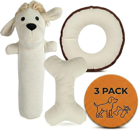 Durable Tough Cotton Canvas Squeaky Dog Toys, Eco-Friendly Interactive 3-Pack Chew Toy Set for Small, Medium & Large Dogs, Harry the Hound, T-Bone & Donut Disk