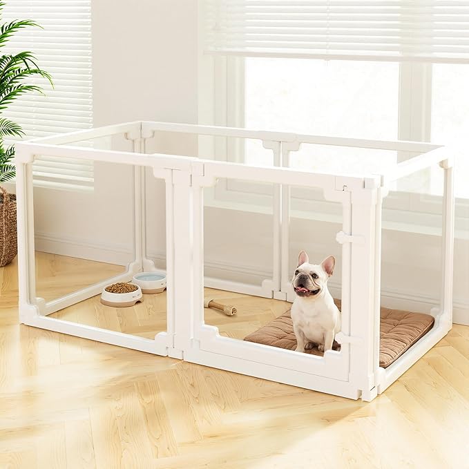 Clear Acrylic Dog Playpen Indoor,Tool-Free Assembly & Easy Clean,24 in Puppy Playpen with Door for Small Dogs/Cats/Rabbits/Pigs/Ferret,Indoor and Outdoor Use,6 Panels(White