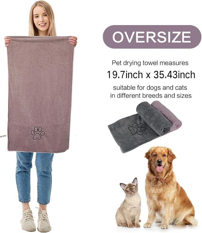 KinHwa Dog Towels Super Absorbent Microfiber for Small, Medium Dog Drying Towel for Drying Dogs Soft Pet Bath Towels and Cats with Embroidered Paw Pure+Grey 20inchx36inch