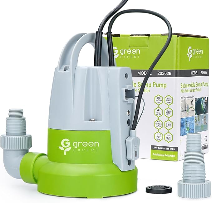 Green Expert 1/3HP Submersible Sump Pump with Unique Flow Sensor Switch Last-inch Water Drainage for Flooded Basement Backyard Pool Hot Tub Rain Barrel Easy to Use Backup Drain Pump 25-Foot Power Cord