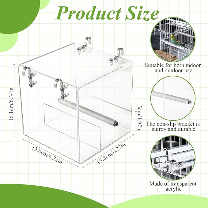 No Mess Bird Feeder for Cage Acrylic, Large Bird Cage Pet Feeder Seed Food Container, for Parakeet Canary Parrot Cockatiels Cockatiels Lorikeet Lovebirds, 6.2 x 6.2 x 6.3 inch