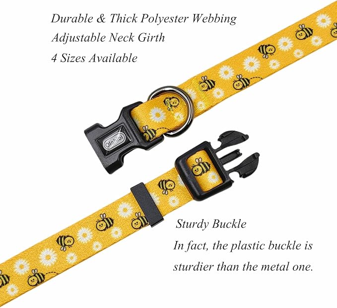 Dog Collar Leash Set, Floral Pattern, Polyester Material, Adjustable Collar and 5ft Matching Leash, for Small Dogs.(S, Bee Daisy)