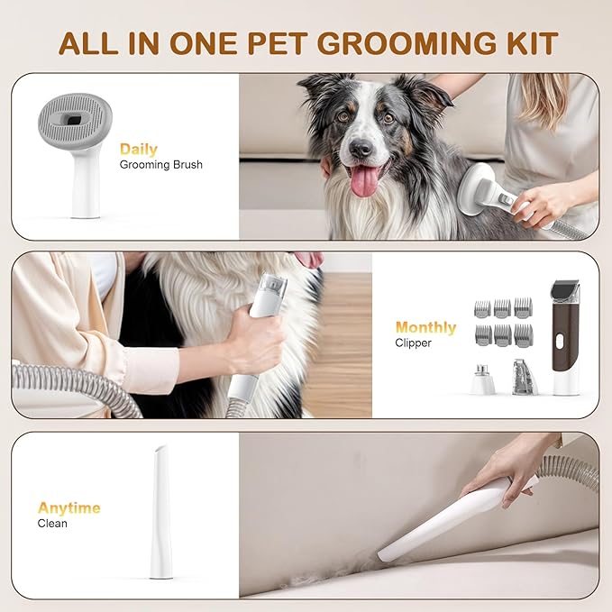 Dog Grooming Vacuum, Dog Grooming Kit with Pet Clipper Nail Grinder, 3 Suction Modes Dog Brush Vacuum with 6 Pet Grooming Tools (tan)