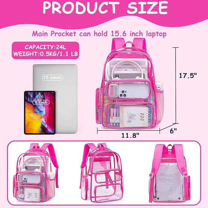 CAMTOP Clear Backpack Heavy Duty Transparent Bag See Through BookBag for Student School Work Festival Sport Travel (Hot Pink)