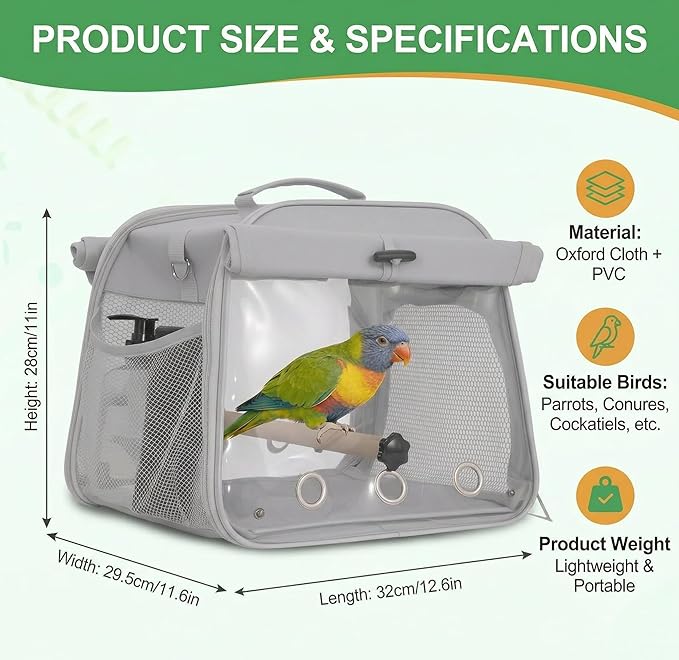 Small Bird Carrier Travel Cage, Portable Bird Cages Bag with Standing Perches for Parrots, Breathable Birds Backpack with Transparent Window for Parakeet Cockatiel Budgies, Grey