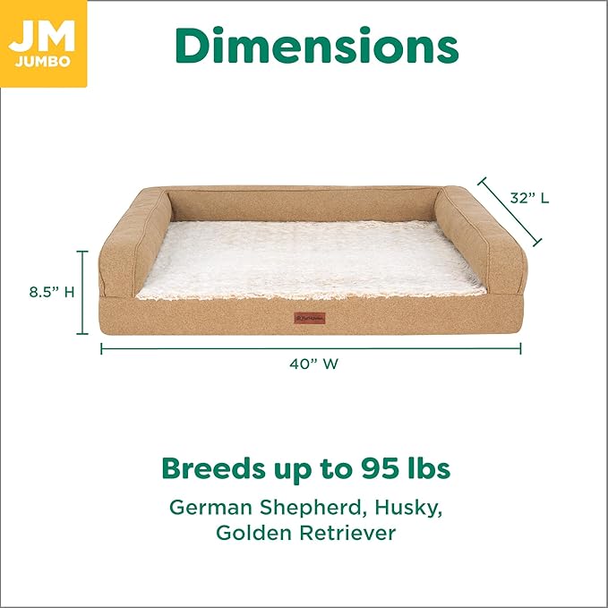 FurHaven Jumbo (32"x40") Orthopedic Dog Bed – Birch Faux Fur & Soft Faux Linen Modern Sofa Pet Bed, CertiPUR-US Foam, Removable Washable Cover, Nutmeg