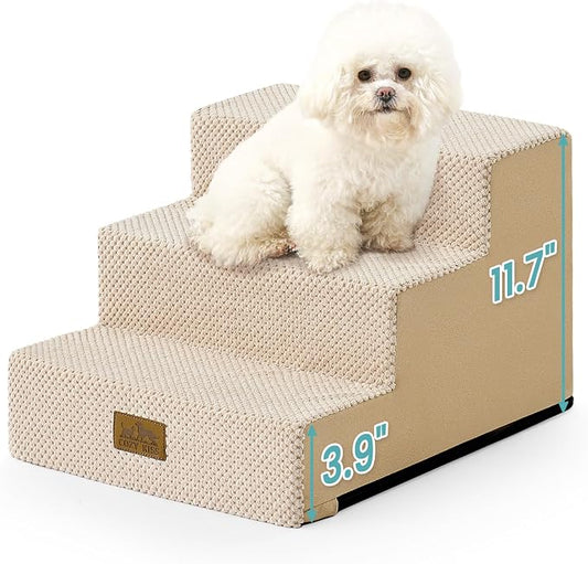 COZY KISS Dog Stairs for Small Dogs 11.7" H, 3-Step Gentle Incline Pet Step for Couch Chiars, Right-Angle Dog Ramp for Puppy Doggie Senior Cats, 15.7x17.7x11.7 Inch, Beige