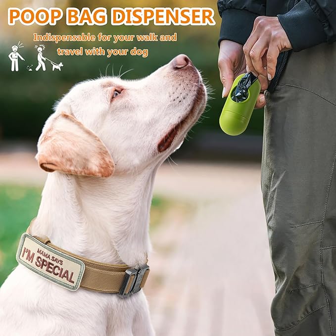 HYDEME Tactical Dog Collar Adjustable Nylon Collar with Control Handle and Heavy Metal Buckle for Medium and Large Dogs, with Patches&Airtags Case&Poop Bag Dispenser&Portable Bowl. (M, Brown-Set)