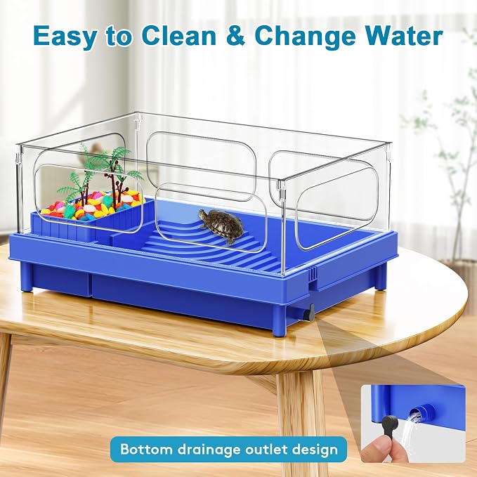 Small Turtle Tank for Baby Turtles with Basking Platform and Bottom Drain | Blue Clear-Panel Habitat, Lightweight Starter Aquarium for Red-Eared Sliders, Crabs and Small Reptiles