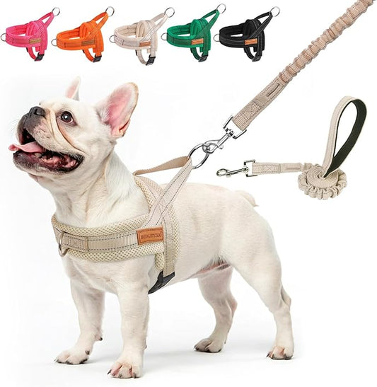 BEAUTYZOO Dog Harness No Pull, Quick Fit Dog Harness and Leash Set, Escape Proof Vest Harness with Soft Handle, Reflective Breathable Mesh Padding Harness for Medium Size Dog Training Walking, Beige M