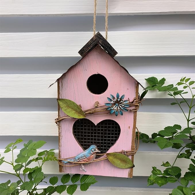 Generic Wood Bird House for Outside, 10"" H Hanging Bird House with Waterproof Metal Roof, Vintage Rustic Decorative Birdhouse Wooden Bird Nest Box for Outdoor Garden Yard Decorations (Pink)