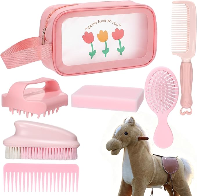 Stick Horse Grooming Kit - 7-in-1 Set with Storage Bag, Brushes, Combs & High-Density Sponge for Plush & Long Mane Care - Pink Nordic Style