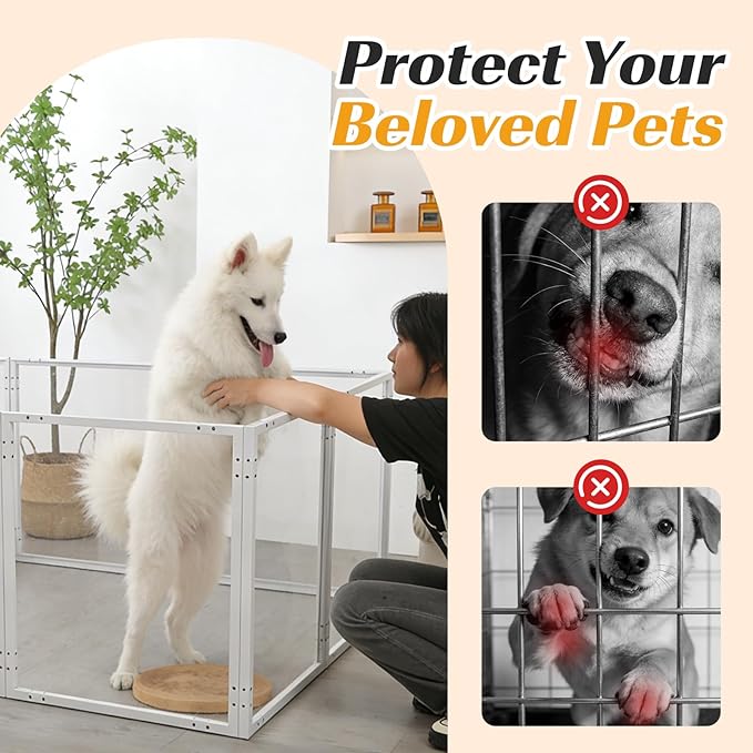 Clear Acrylic Dog Playpen with Door,Puppy Fence Indoors H:24" 10-Panel can be DIY Expanded + Splicing Height Design for Puppies/Small Dogs,White Dog Enclosure (Metal + Acrylic Material)