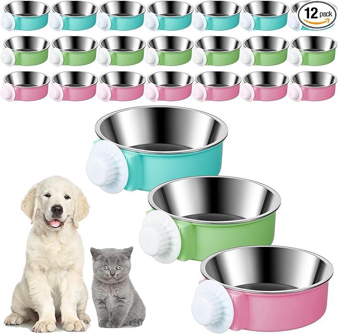 Mimorou 12 Pcs Crate Bowls Bulk Puppy Dog Bowls for Kennel Removable Stainless Steel Crate Water Bowl Kennel Hanging Food Feeders Coop Cup for Cat Puppy Rabbit Birds Ferret Guinea Pigs