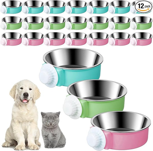 Mimorou 12 Pcs Crate Bowls Bulk Puppy Dog Bowls for Kennel Removable Stainless Steel Crate Water Bowl Kennel Hanging Food Feeders Coop Cup for Cat Puppy Rabbit Birds Ferret Guinea Pigs