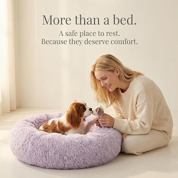 Calming Dog Bed for Medium Dogs Washable Donut 30 inches Anti-Slip Pet Bed,Round Fluffy Plush Faux Fur Cat Bed,Fits up to 45 lbs Pets,Gradient Purple