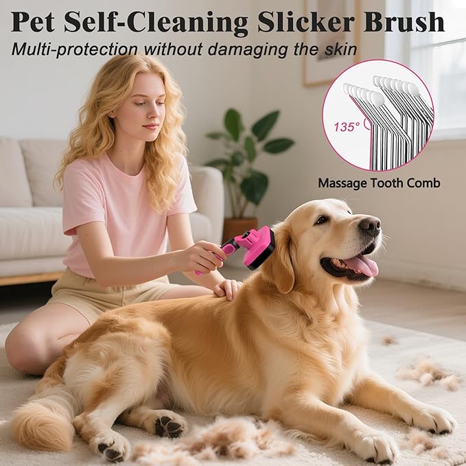 2PCS Self Cleaning Slicker Brush & Dog Comb - Skin Friendly Deshedding Grooming Tool for Dogs, Cats and Small Animals, Professional Deshedding Dematting Tool for Long and Short Haired Pets (Red)
