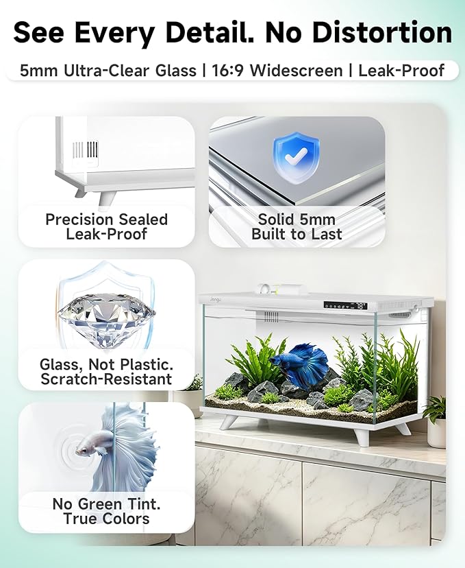 M1 5 Gallon Aquarium Starter Kit, App Control Smart Fish Tank with Filter, Auto Feeder, Quiet Pump, Timer Light, Temp Display, Crystal-Clear Glass Desktop Betta Tank for Guppy Shrimp, White