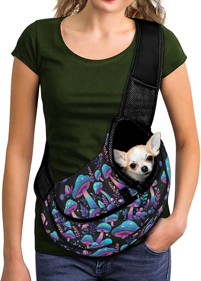 FUSURIRE Magical Mushroom Print Pet Sling Carrier - Small Dog Cat Sling Pet Carrier Bag Comfortable Single Shoulder Carrier Adjustable Pouch Tote Handbag for Small Pets
