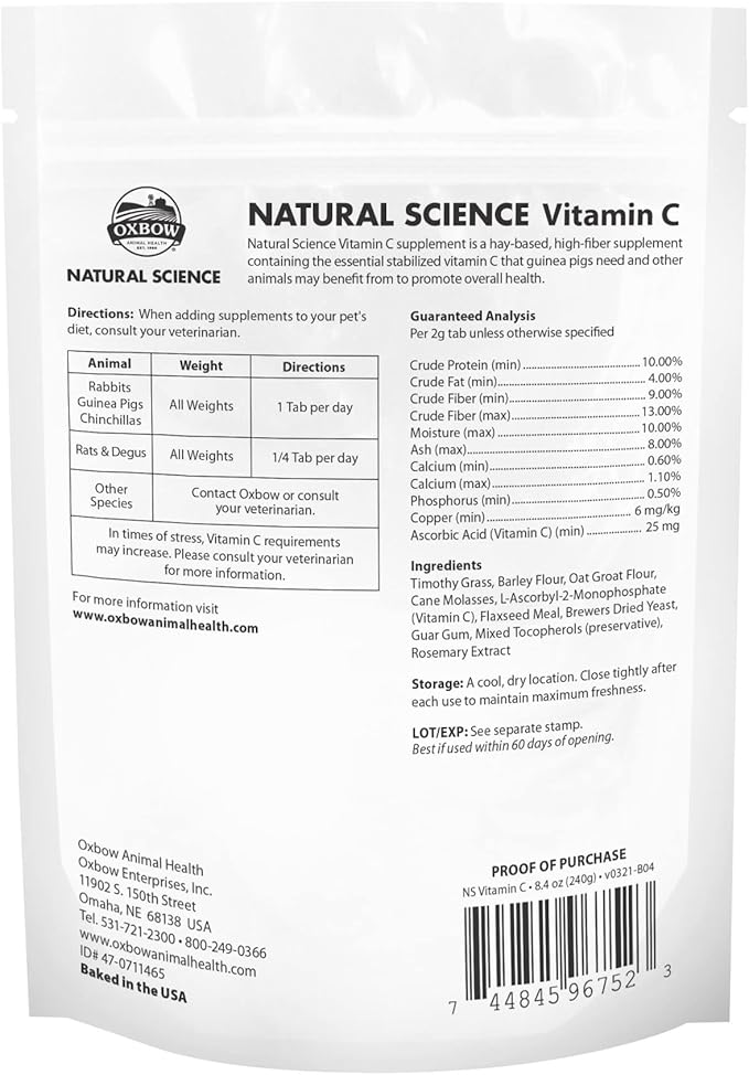 Oxbow Natural Science Vitamin C Supplement, Vitamin C for Guinea Pig, Made with Oxbow Timothy Hay, Pet Supplements for Guinea Pigs, Timothy Hay Formula, Veterinarian Approved, Made in USA, 8.4 oz