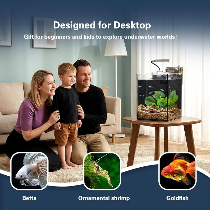2.2 Gallon Fish Tank with Light,Filter,Lid,Landscape Accessories | Tall Fish Tank,Aquarium Starter Kit,Ultra-Clear Glass Aquarium,for Small Fish,Shrimp,or Betta