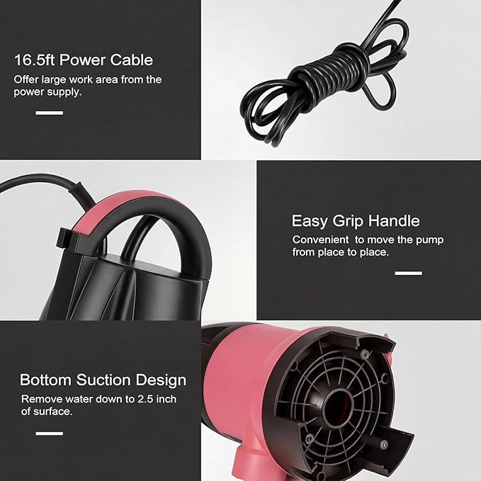 Sump Pump, Prostormer 1HP 3700GPH Submersible Clean/Dirty Water Pump with Automatic Float Switch for Pool (Pink)