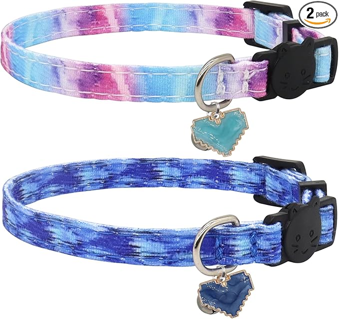 Cat Collar Breakaway, 2 Pack Cotton Kitten Collars with Bells and Removable Charms, Cute Heart Shaped for Indoor Boy, Girl and Adult Cats