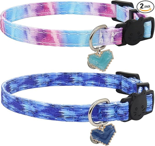 Cat Collar Breakaway, 2 Pack Cotton Kitten Collars with Bells and Removable Charms, Cute Heart Shaped for Indoor Boy, Girl and Adult Cats