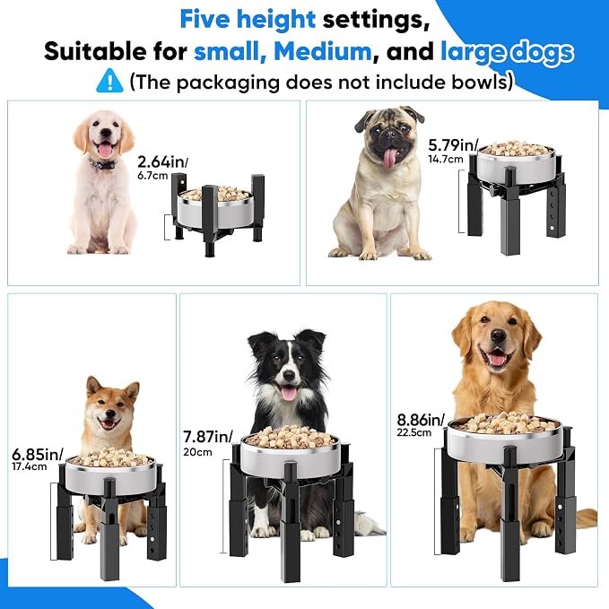 Aystkniet Dog Bowl Stand with Adjustable Height & Width, Anti-Slip Elevated Food Water Bowl Holder for Large Medium Small Dogs, Durable Raised Dog Feeder for Lifted Feeding, 2 Pack (Without Bowls)