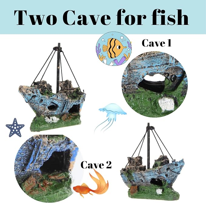Fish Tank Decorations, Resin Shipwreck Aquarium Decor for Tank, Sunken Ship Aquarium Decorations Large, Betta Fish Tank Accessories, Wrecked Ship Fish Hideout Freshwater Saltwater Tanks