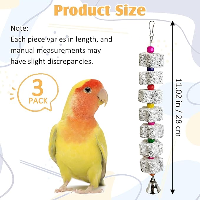 PINVNBY 3 Pack Bird Chewing Toy Lava Calcium Bird Beak Grinding Stone with Bell Hanging Parakeet Cage Accessories for Parrots Budgies Cockatiels African Grey (7 Block Per String)