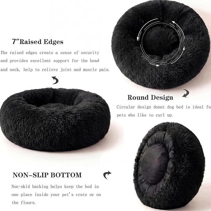 Calming Donut Dogs Beds for Small Dogs Washable,28inch Plush Round Pet Bed for Cozy Sleep,Fluffy Faux Fur Large Cat Bed,Fits up to 30 lbs Pets,Black