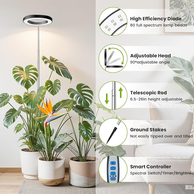 Kullsinss 6.3in Grow Light, Full Spectrum Plant Lights for Indoor Growing | Black Plant Lamp with 6/12/16H Auto Timer, 5 Brightness Levels, 10-60in Height Adjustable, for Indoor Tall Plants (2-Pack)