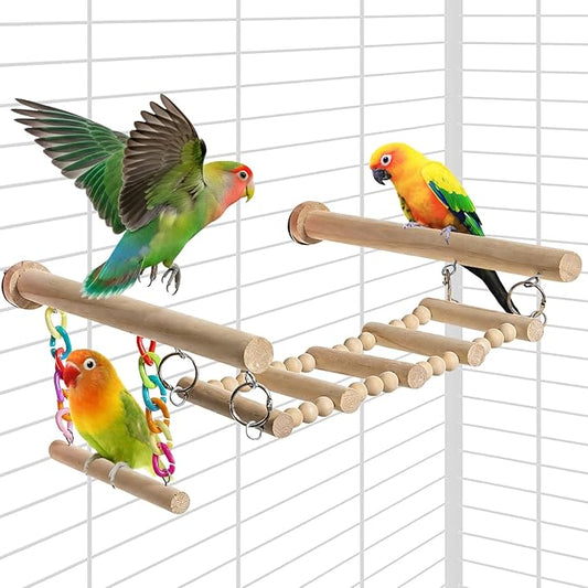 Bird Perches Ladder with Swing, Natural Wood Parrot Climbing Bridge Perch Toys,Wood Climbing Ladder for Parakeet, Exercise Play Stand Parakeet Cage Accessories for Budgie Conure Lovebird Canary,A