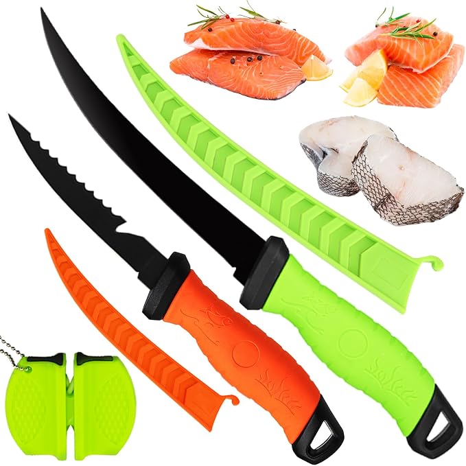 Fishing Knife Set, Fish Cleaning Kit, Filet Knife for Fish, Fish Scale Cleaning Brush, Multi-Functional Scissors, Gloves, Fishbone Tweezers, Storage Bag,Fishing Accessories,Fishing Tool Kit