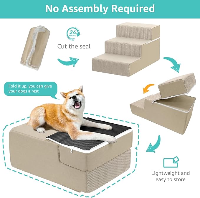 YENING Large Dog Stairs for High Beds - Extra Wide Pet Steps for Large Dogs to Get on Tall Bed 3 Deep Step Cat Ramp for Couch Beige