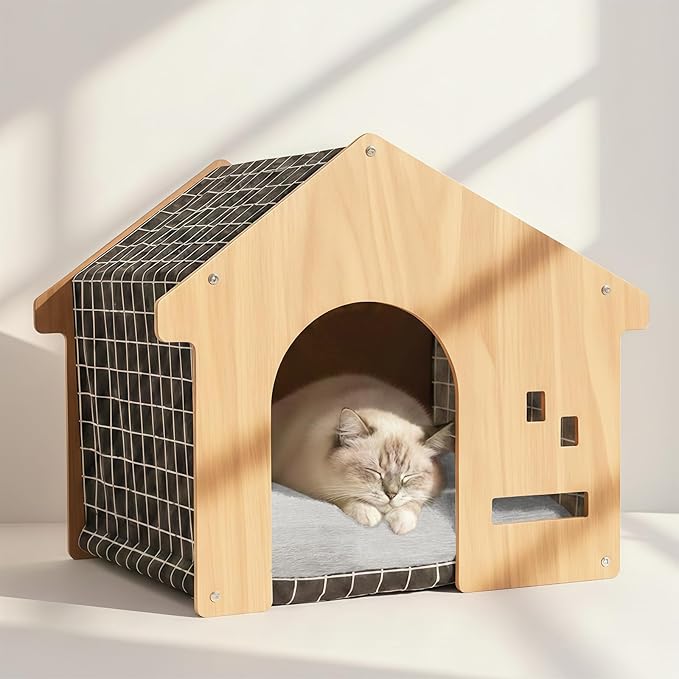 Indoor Dog House with Solid Pine Wood Frame, Furniture Style Cat House & Condos for Small Medium Dogs Cats Up to 25lbs, Modern Washable Dog Bed Cave (Black and White Grid)