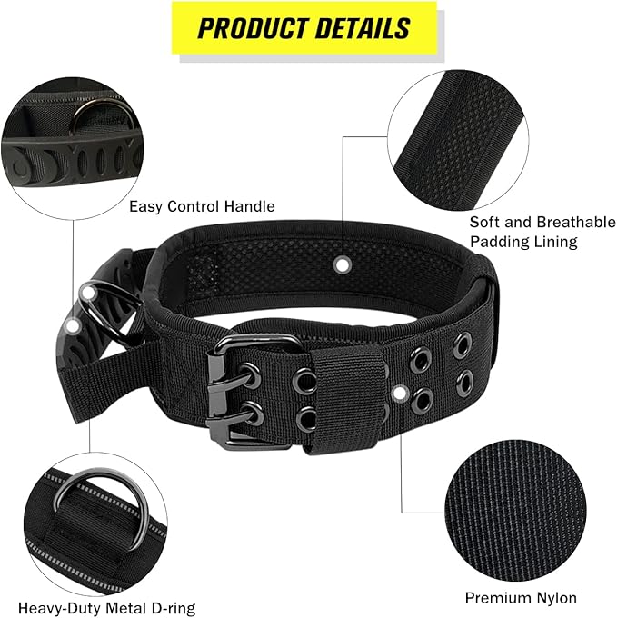 Tactical Dog Collar with Handle - Military Adjustable Dog Training Collar Soft Nylon and Heavy Duty Metal Buckle for Medium Large Dogs - with Patch (Black with Patch, X-Large)